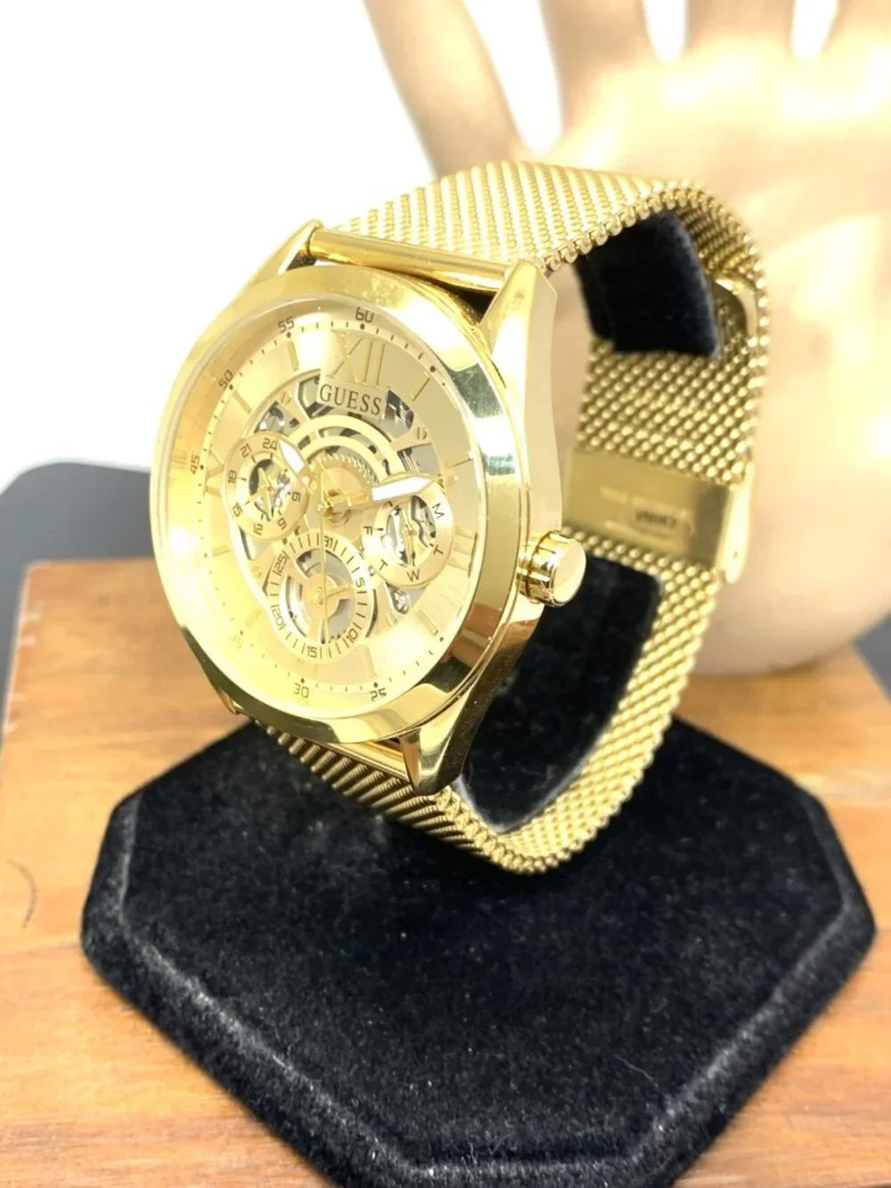 Guess Men's Watch GW0368G2 Quartz Gold Dial Mesh Stainless Steel 42mm